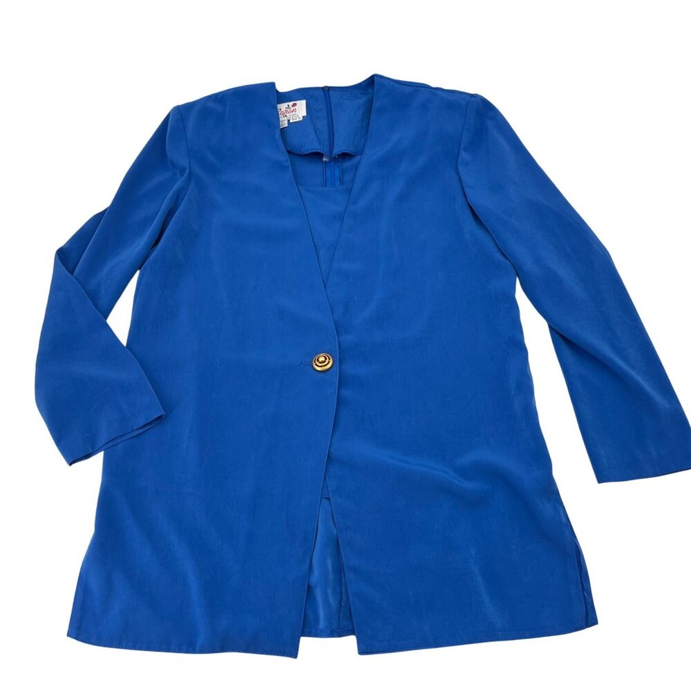 Vintage Caron Chicago Women's‎ Royal Blue Long Blazer Gold Button Size 12 Silk